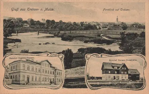 Gruß aus Trebsen an der Mulde Bahnhöfe und Fernblick Sachsen Postkarte AK 1919