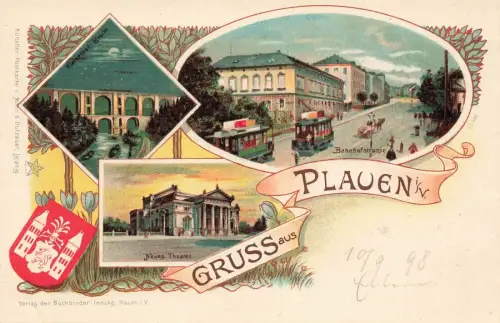 Gruss aus Plauen i. V. Bahnhofstrasse Neues Theater Elsterthal-Brücke Postkarte