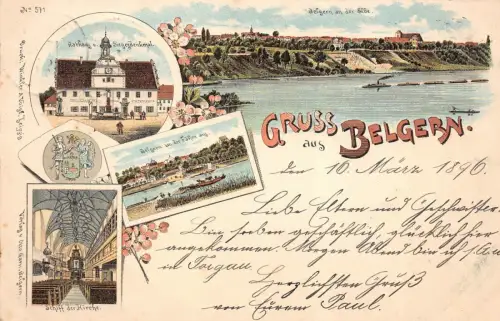 Gruss aus Belgern an der Elbe Rathaus Siegesdenkmal Postkarte AK 1896