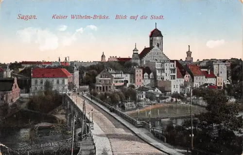 Sagan Kaiser Wilhelm-Brücke Blick auf die Stadt Feldpostkarte AK 1915