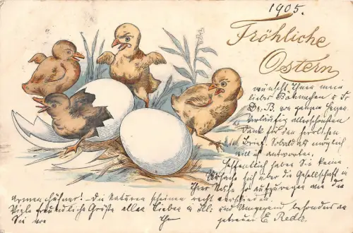 Kücken mit Baby - Ente Ostern Postkarte 1905