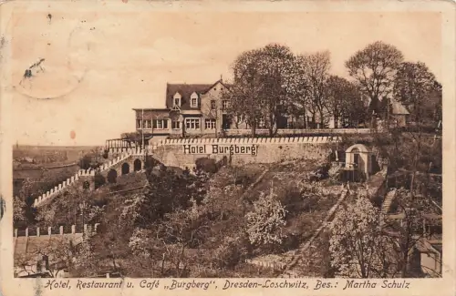 Hotel, Restaurant und Café Burgberg Dresden-Loschwitz Sachsen Postkarte AK 1928