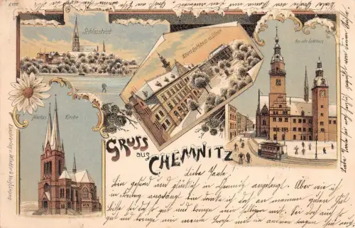 Gruss aus Chemnitz Markus Kirche Neues Rathaus Litho Winter Postkarte AK 1902