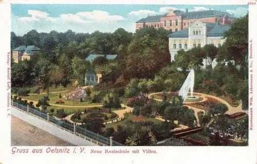 Gruss aus Oelsnitz Realschule mit Villen Vogtland Sachsen Postkarte AK 1901