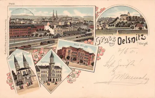 AK Oelsnitz Vogtland Bahnhof, Schule Postkarte 1903