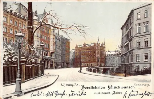 Chemnitz Sachasen Nicolaibrücke Winter Postkarte Glückwunsch Neujahr 31.12.1903