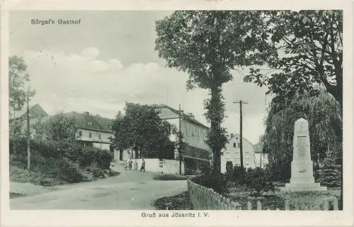 Gruß aus Jössnitz Sörgels Gasthof und Denkmal Vogtland Sachsen Postkarte AK 1927