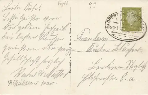 Gruß aus Jössnitz Sörgels Gasthof und Denkmal Vogtland Sachsen Postkarte AK 1927