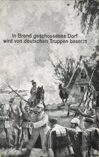 Brand geschossenes Dorf von deutschen Truppen besetzt Ulanen Postkarte AK 1915
