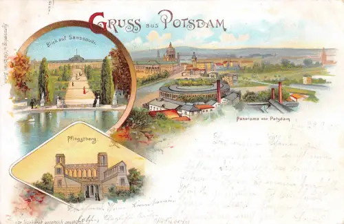 Gruss aus Potsdam Panorama Litho Postkarte 1897