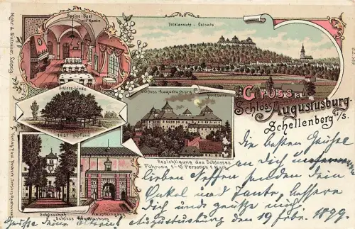 Gruss aus Schloss Augustusburg Schellenberg Sachsen Litho Postkarte AK 1899