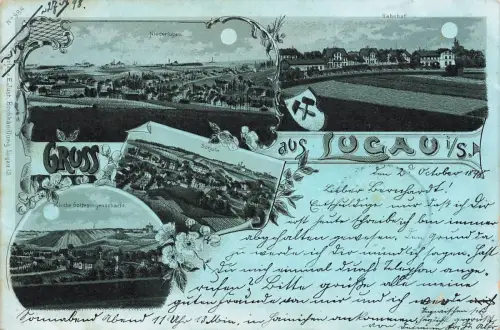 Gruß aus Lugau mit Bahnhof, Schule und Kirche Litho Mondschein Sachsen AK 1898