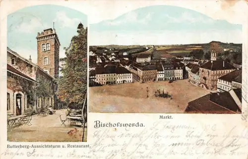 Markt, Aussichtsturm und Restaurant in Bischofswerda Sachsen Postkarte AK 1904