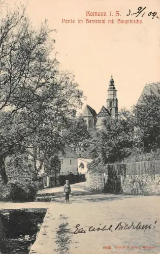 Partie im Herrental mit Hauptkirche in Kamenz Sachsen Postkarte AK 1909