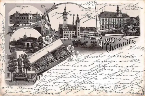 Gruss aus Chemnitz Sachsen Markt Postamt Lithographie Postkarte 1896