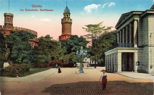 Am Kaisertrutz mit Stadttheater in Görlitz Sachsen Postkarte AK