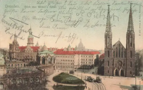 Blick von Weber's Hotel mit Straßenbahn Dresden Sachsen Postkarte AK 1905
