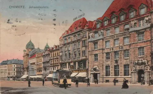 Chemnitz Johannisplatz Cafe Corso Straßenbahn Postkarte AK 1920