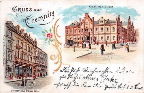 AK Chemnitz Sachsen Postamt, Geschäftshaus Bargou Söhne Litho Postkarte 1902