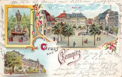 Gruss aus Chemnitz Saxoniabrunnen Amtsgericht Neumarkt Litho AK 1901