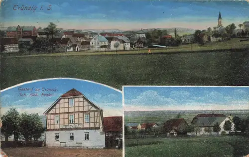 Gasthof und Blick auf Trünzig bei Werdau Sachsen Postkarte AK 1917