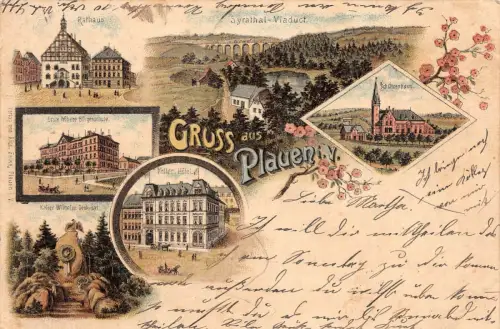 Gruss aus Plauen i. V. Syrathal-Viaduct Schützenhaus Kellers-Hotel Litho AK 1898