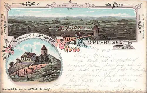 Gruss aus Kupferhübel mit Gasthaus Erzgebirge Böhmen Litho Postkarte AK 1900