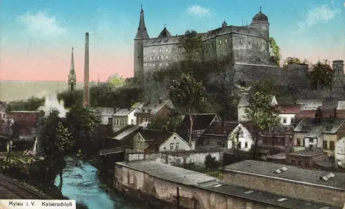 Blick auf das Kaiserschloss in Mylau Vogtland Sachsen Postkarte AK