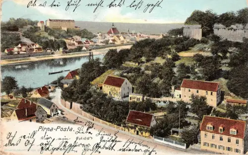Pirna-Posta Ansicht Elbe Postkarte AK 1904