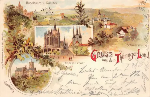 Gruss aus dem Thüringer Land Rudelsburg u. Saaleck Schwarzburg Postkarte AK 1899