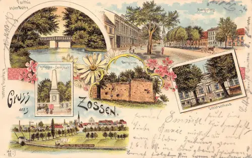 Gruss aus Zossen Schützenhaus Krieger Denkmal Marktplatz Litho Postkarte 1898