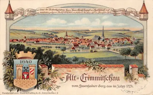 Alt-Crimmitschau vom Lauenhainer Berg aus im Jahre 1724 Litho Postkarte 1914