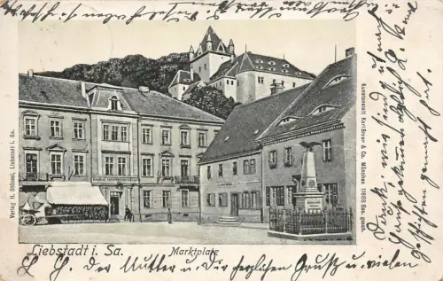 Marktplatz mit Denkmal in Liebstadt Sachsen Postkarte AK 1904
