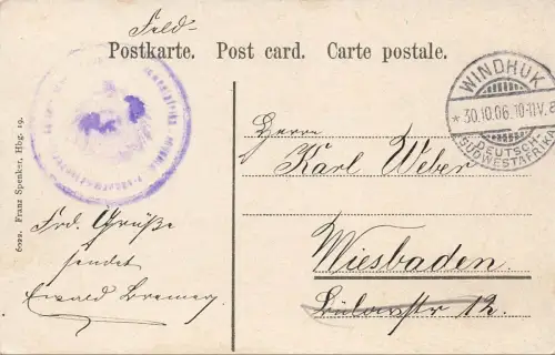 AK Deutsch-Südwest-Afrika DSWA Eingeborenen Viertel Feldpost Windhuk 1906