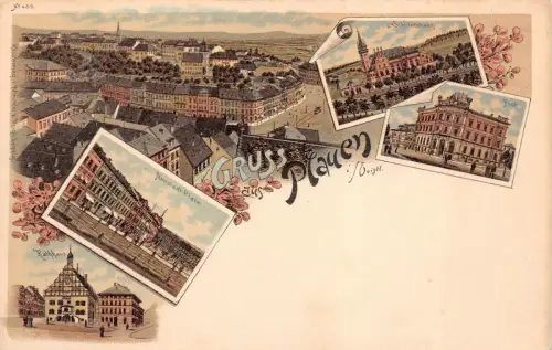 Gruss aus Plauen mit Post, Rathaus und Schützenhaus Vogtland Sachsen Litho AK