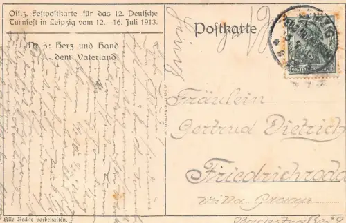 Deutsches Turnfest Leipzig Herz und Hand dem Nr. 5 Offizielle Postkarte AK 1913