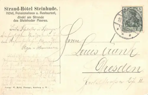 Steinhude Strand-Hotel Steinhuder Meer Segelboot Niedersachsen AK 1907