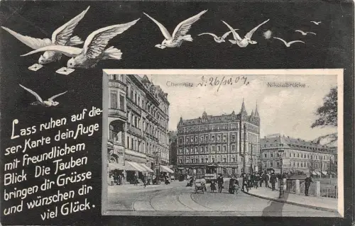 Chemnitz Sachsen Kinder am Nikolaibrücke Tauben - Postkarte 1907