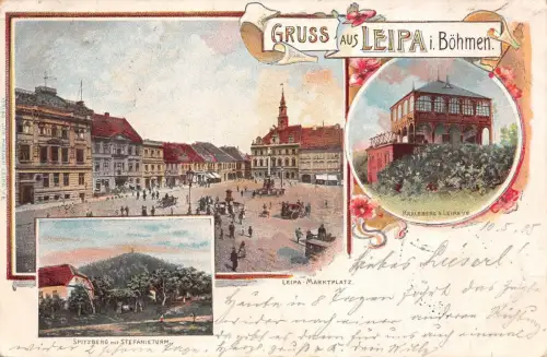 Gruss aus Leipa i. Böhmen Marktplatz Spitzberg Stefanieturm Postkarte AK 1902