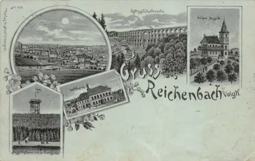 Gruss aus Reichenbach mit Rathaus Sachsen Litho Mondschein-Postkarte AK 1900