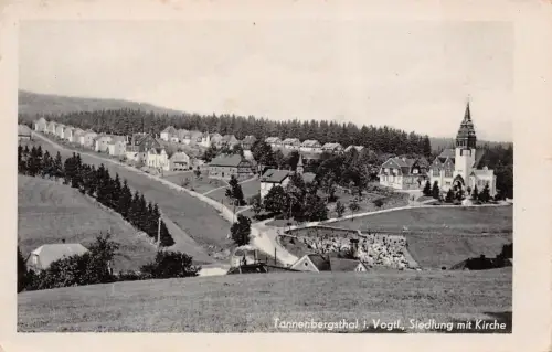 Tannenbergsthal i. Vogtl. Siedlung mit Kirche Postkarte AK