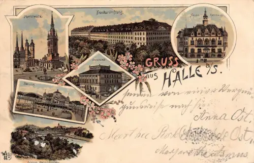 Gruss aus Halle Rathaus Marktplatz Universität Franke-Stiftung Litho AK 1896