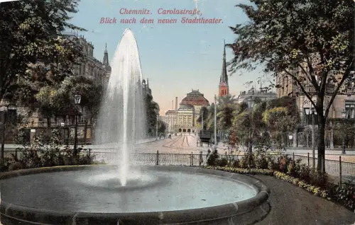 Chemnitz Carolastraße Blick nach dem neuen Stadttheater Postkarte AK 1911