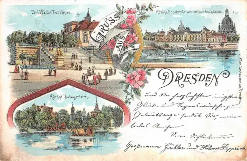 Gruss aus Dresden Brühlsche Terrasse Königl. Zwingerteich Postkarte AK 1897