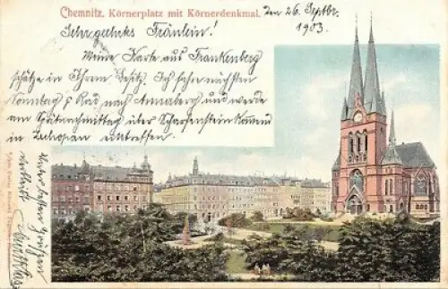 Körnerplatz mit Körnerdenkmal und Kirche in Chemnitz Sachsen Postkarte AK 1902