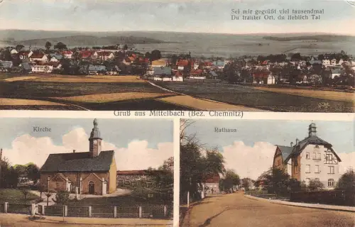 Gruss aus Mittelbach mit Kirche und Rathaus bei Chemnitz Sachsen Postkarte AK