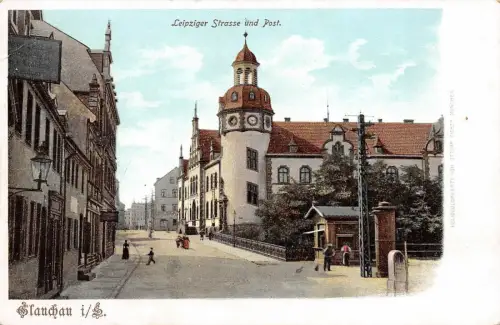Glauchau i/S. Leipziger Strasse und Post AK