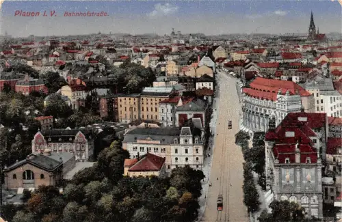 Stadtansicht und Bahnhofstraße in Plauen Vogtland Sachsen Postkarte AK 1922