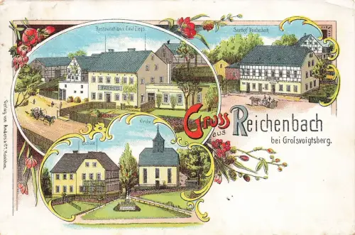 Gruss aus Reichenbach Großvoigtsberg Restaurant Sachsen Litho Postkarte AK 1913