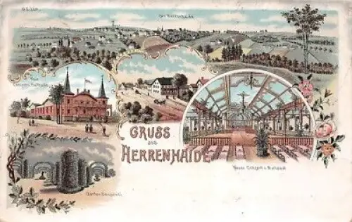Gruss aus Herrenhaide Neue Conzert u. Ballhalle Garten Sansouci Litho AK 1899